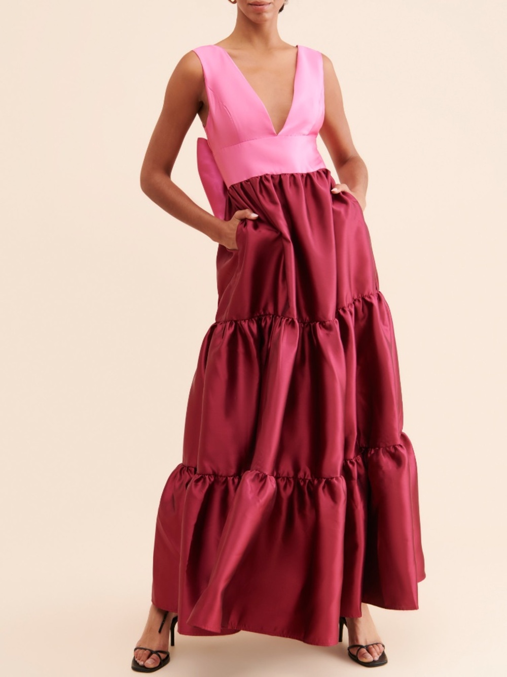 Hutch Colorblock Bow-Back Tiered Maxi Dress with Pockets – Pink/Red | Size 0